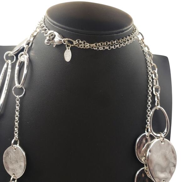 Chicos Silver Tone Necklace 41" Long Two Strand Hammered Disk Chain Statement - Picture 5 of 8